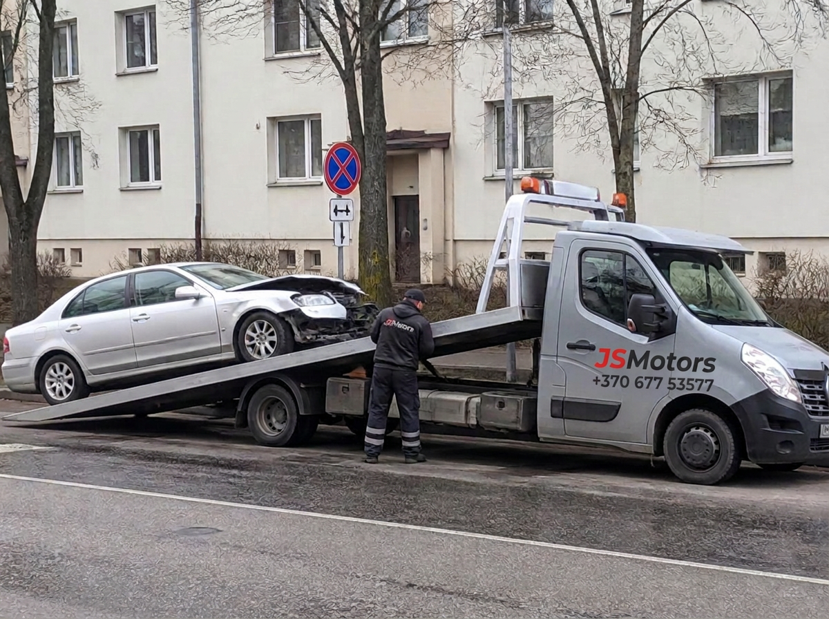 JSMotors traliukas krauna sugedusį automobilį vinčiumi