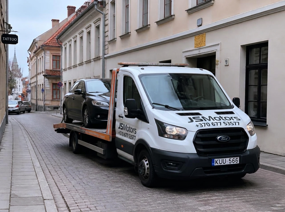 Mažas JSMotors traliukas siauroje Vilniaus senamiesčio gatvėje