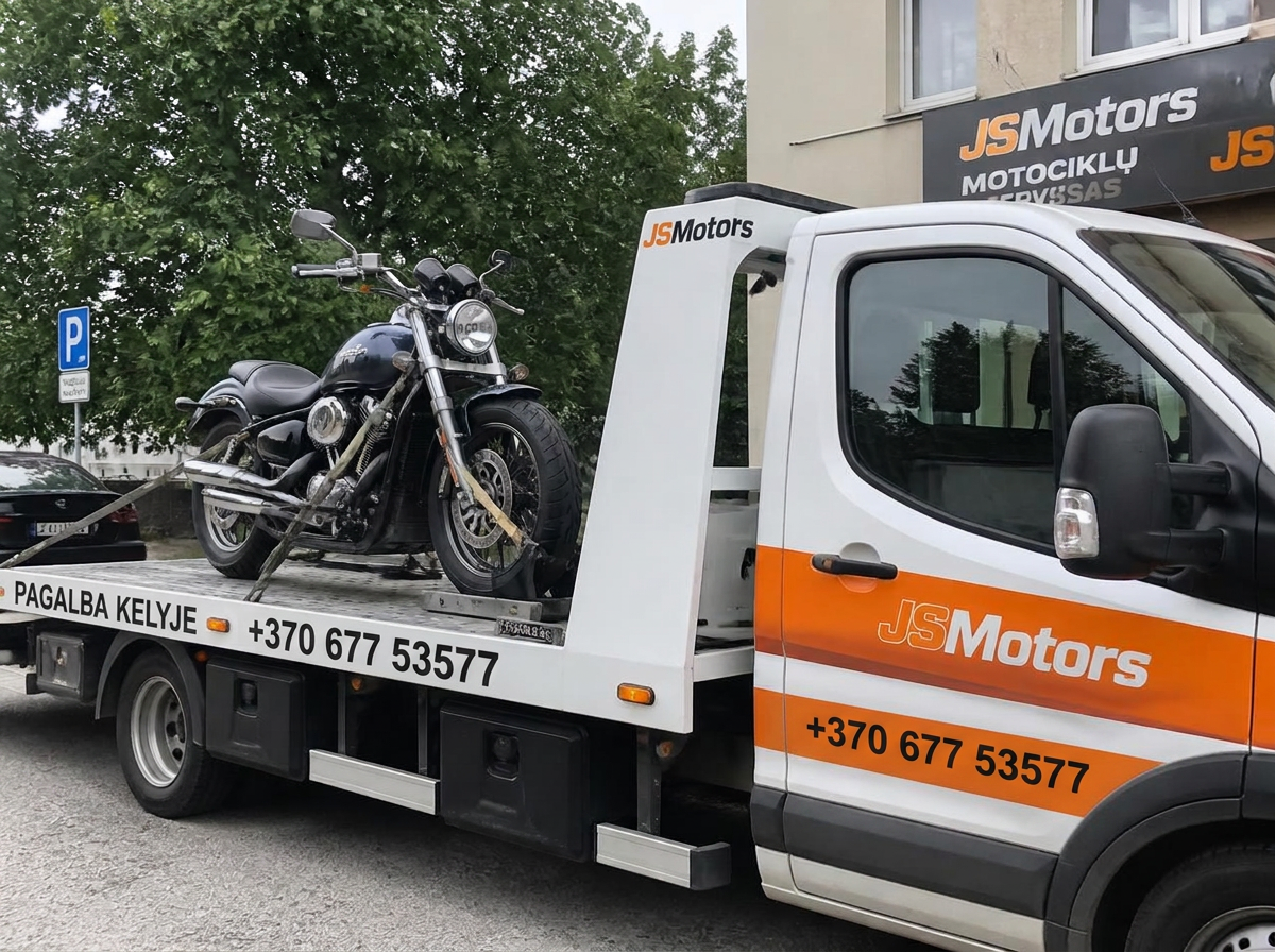 Motociklas ant JSMotors traliuko platformos